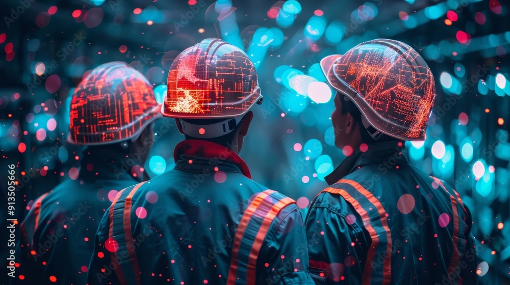 Poster advanced technology collaboration: engineers in helmets with holographic interfaces for site managem