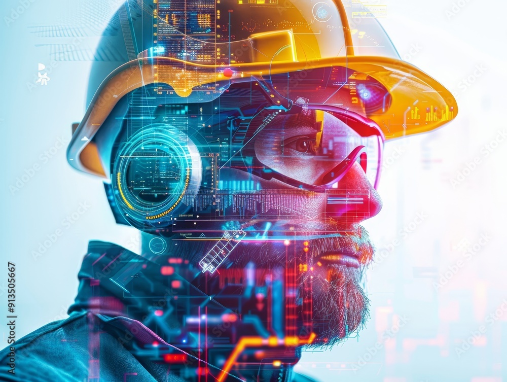 Poster futuristic engineer monitoring metrics with smart helmet in top view. technology concept in colored 