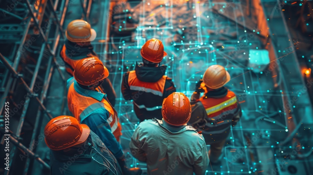 Poster futuristic engineering team with holographic interfaces for site management. top view of high-tech c