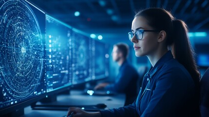 Female Cybersecurity Expert Monitoring Data on Multiple Screens