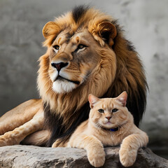 a lion sitting with a cat, friends in different size, brave and confident. King of the jungle and...