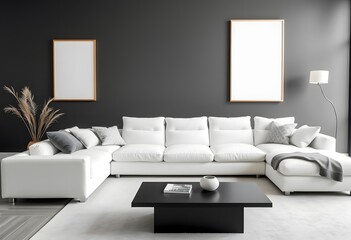 A modern living room with with poster frame a white sectional sofa, a wooden coffee table, and a blank framed wall art on the peach-colored wall