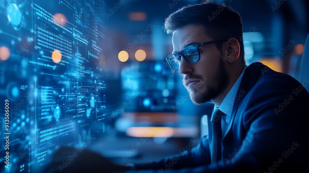 Poster focused professional analyzing digital data interface