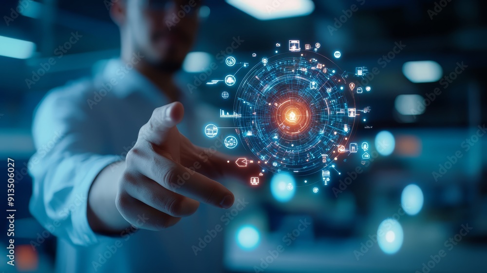 Poster man interacting with digital holographic interface