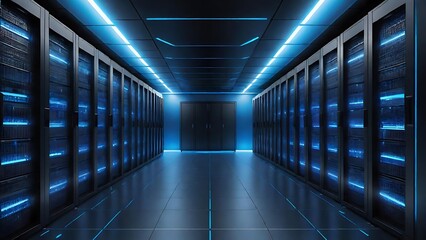 Futuristic data center aisle with black server racks and blue LED lighting