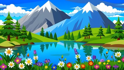 Fototapeta premium Picturesque landscape featuring a tranquil lake reflecting snow-capped mountains under a bright blue sky with lush greenery 