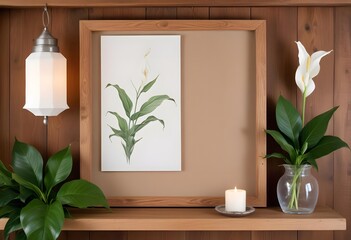 A wooden framed whiteboard hanging on a wooden wall, with a potted plant placed on a wooden cabinet below it