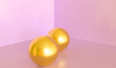 3d gold balls in pink room