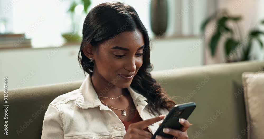 Poster indian woman, cellphone and scroll on sofa at home, reading and typing on mobile application in loun
