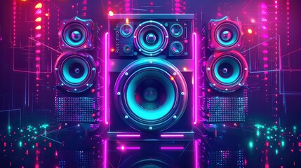 Obraz premium A set of three powerful speakers with large drivers, set against a dark background with glowing neon pink and orange lines, creating a futuristic and stylish look.