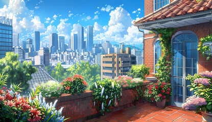 Fototapeta premium A beautiful cityscape view from a rooftop garden adorned with vibrant flowers in various colors. The sunny sky is filled with fluffy white clouds and birds, while the city's skyscrapers stand tall in
