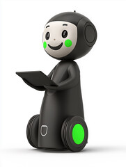 Cute smooth A.I. Robot with wheels, holding a tablet with a smile facial expression, ready to serve, a playful and warm feel	