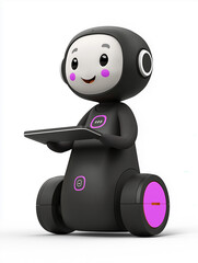 Cute smooth A.I. Robot with wheels, holding a tablet with a smile facial expression, ready to serve, a playful and warm feel	