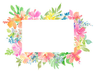 Frame illustration of abstract hibiscus and monstera, and tropical flowers painted in watercolor. Title frame of hibiscus painted in watercolor.
