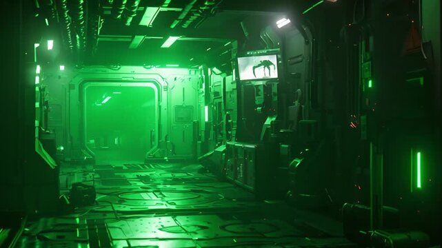 Futuristic Spaceship Corridor with Green Lighting