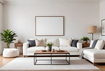 A minimalist living room with a white sofa and photo frame, a wooden side table with a fruit bowl, and a blank wooden frame on the wall