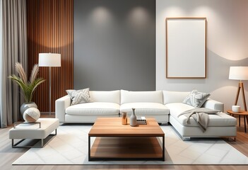 A minimalist living room with a white sofa and photo frame, a wooden side table with a fruit bowl, and a blank wooden frame on the wall