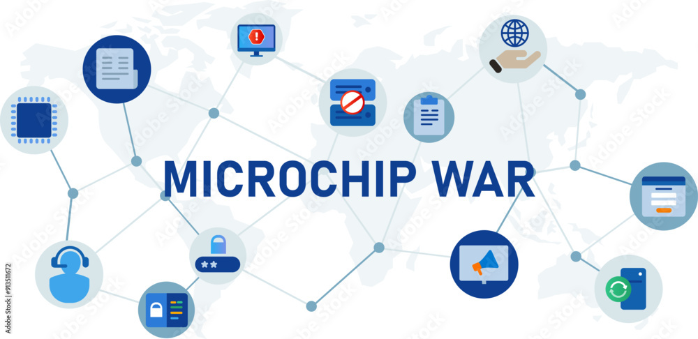 Poster microchip war computer future modern technology processor device media tech chip design icon set