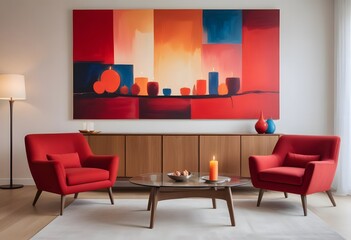 A mid-century modern living room with a wooden credenza, a framed artwork on the wall, and a red armchair