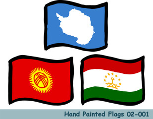 手描きの旗アイコン「南極の旗」「キルギスの国旗」「タジキスタンの国旗」Flag of the Antarctic, Kyrgyzstan, Tajikistan, hand drawn isolated vector icon.