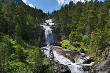 High waterfall around Hotel Pont d'Espagne on trail from Cauterets to lake Lac de Gaube. Pyrenees National Park, France. © Iwona