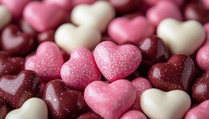 Top view of pink, red, and white heart-shaped candy in pile, Valentine's Day background with copy space for text or design, love concept, flat lay style, high quality, ultra high resolution, super det