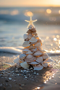 Small seashell Christmas tree on the beach