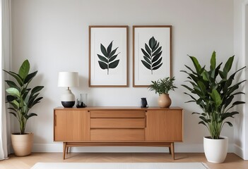 A minimalist living room with blank framed wall art a white sofa, wooden furniture,