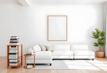 Fototapeta premium A minimalist living room with a white sofa and photo frame, a wooden side table with a fruit bowl, and a blank wooden frame on the wall