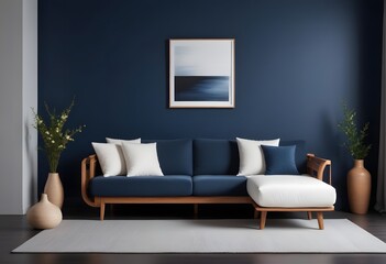 A minimalist living room with blank framed wall art a white sofa, wooden furniture,
