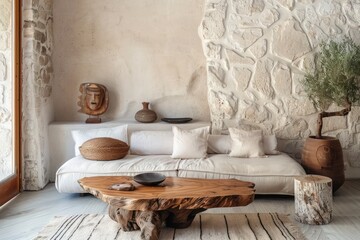 Modern living room with boho nomadic interior design: live edge wooden accent coffee table, beige sofa, stucco and sandstone wall decor.