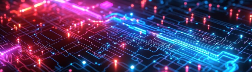 A vibrant digital circuit landscape featuring glowing lines and lights, representing technology and innovation in abstract form.