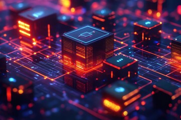 Obraz premium An abstract view of digital circuitry with glowing components, showcasing the convergence of technology and design.