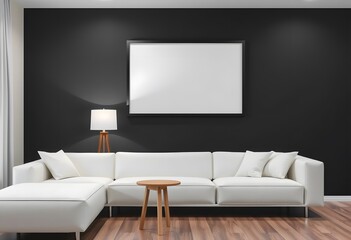 A minimalist living room with blank framed wall art a white sofa, wooden furniture,