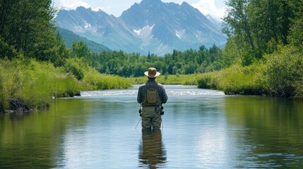 A fisherman stands knee-deep in a flowing river, fly fishing in the clear, sparkling water. The surrounding forest and mountains create a breathtaking backdrop, capturing the essence of National