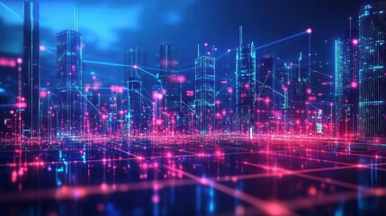 Fototapeta premium Financial blockchain visualization, neon glow, futuristic skyline, digital connections
