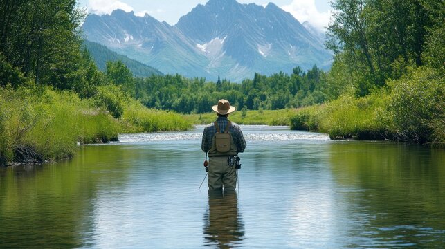 A fisherman stands knee-deep in a flowing river, fly fishing in the clear, sparkling water. The surrounding forest and mountains create a breathtaking backdrop, capturing the essence of National