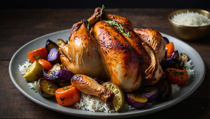 Whole roast chicken with Middle Eastern spices, served with basmati rice and roasted vegetables