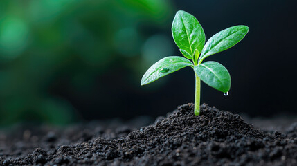 Naklejka premium A vibrant green plant sprouting from rich soil, symbolizing growth, renewal, and nature's beauty in a tranquil environment.
