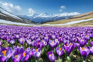 Field of purple Snow Crocuses (Crocus chrysanthus) in full bloom under a clear blue sky