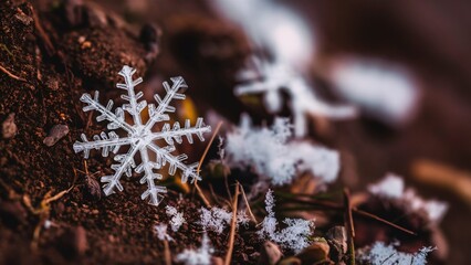 Close-up view of a single snowflake resting on a brown ground surface, winter background.