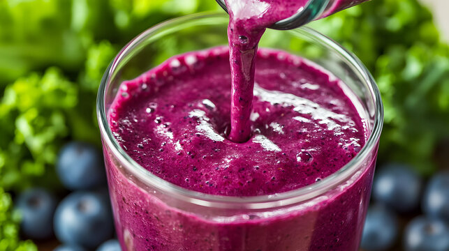 Close-Up of Gut-Friendly Smoothie with Kale, Blueberries, Pouring into Glass with Probiotic Yogurt Visibility