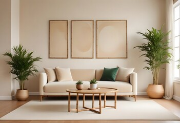A minimalist living room with a white sofa and photo frame, a wooden side table with a fruit bowl, and a blank wooden frame on the wall