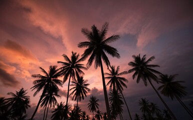 Serene scene of several palm trees silhouetted against a sky with hues of pink, orange, and purple.