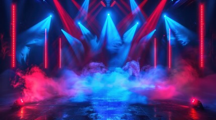 Concert stage with red and blue neon lights and nitrogen fumes. generative AI