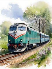 Obraz premium Train Watercolor Landscape Nature Art