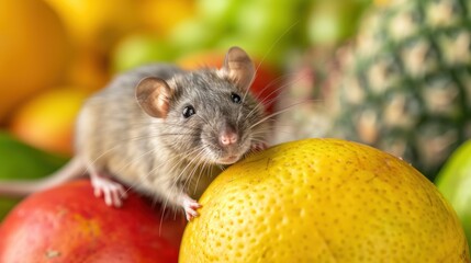 A small rat engaging in an adventurous exploration on a pile of colorful fruits, emphasizing its curious nature.