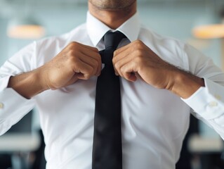 A man adjusting his black tie while wearing a white shirt in a professional setting, ready for a business meeting.