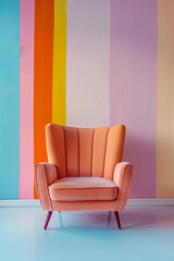 Abstract minimal concept with a pastel multi-color vibrant retro striped background and a bright armchair decor