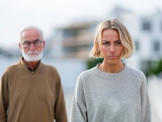A portrait of an older man and his adult daughter displaying a strained expression, standing against a modern home backdrop.